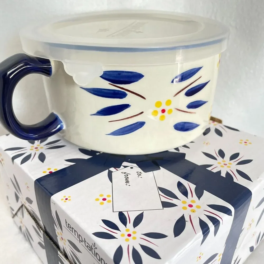 Temp-tations Soup Bowl White Blue Flower With Lid Gift Box Hand painted